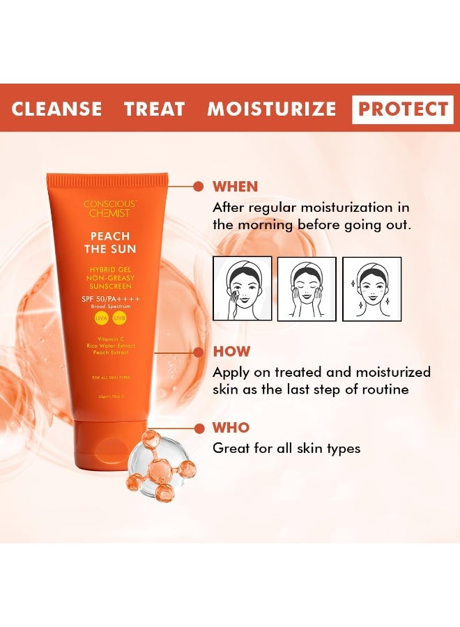 كيميائي واعي واقي الشمس Conscious Chemist® بعامل حماية SPF 50 PA++++ | 50 جرام | واقي شمس جل للبشرة الدهنية، غني بفيتامين C وماء الأرز وخلاصة الخوخ، تركيبة هجينة خفيفة الوزن، مناسب لجميع أنواع البشرة - خوخ ذا صن - Image 2